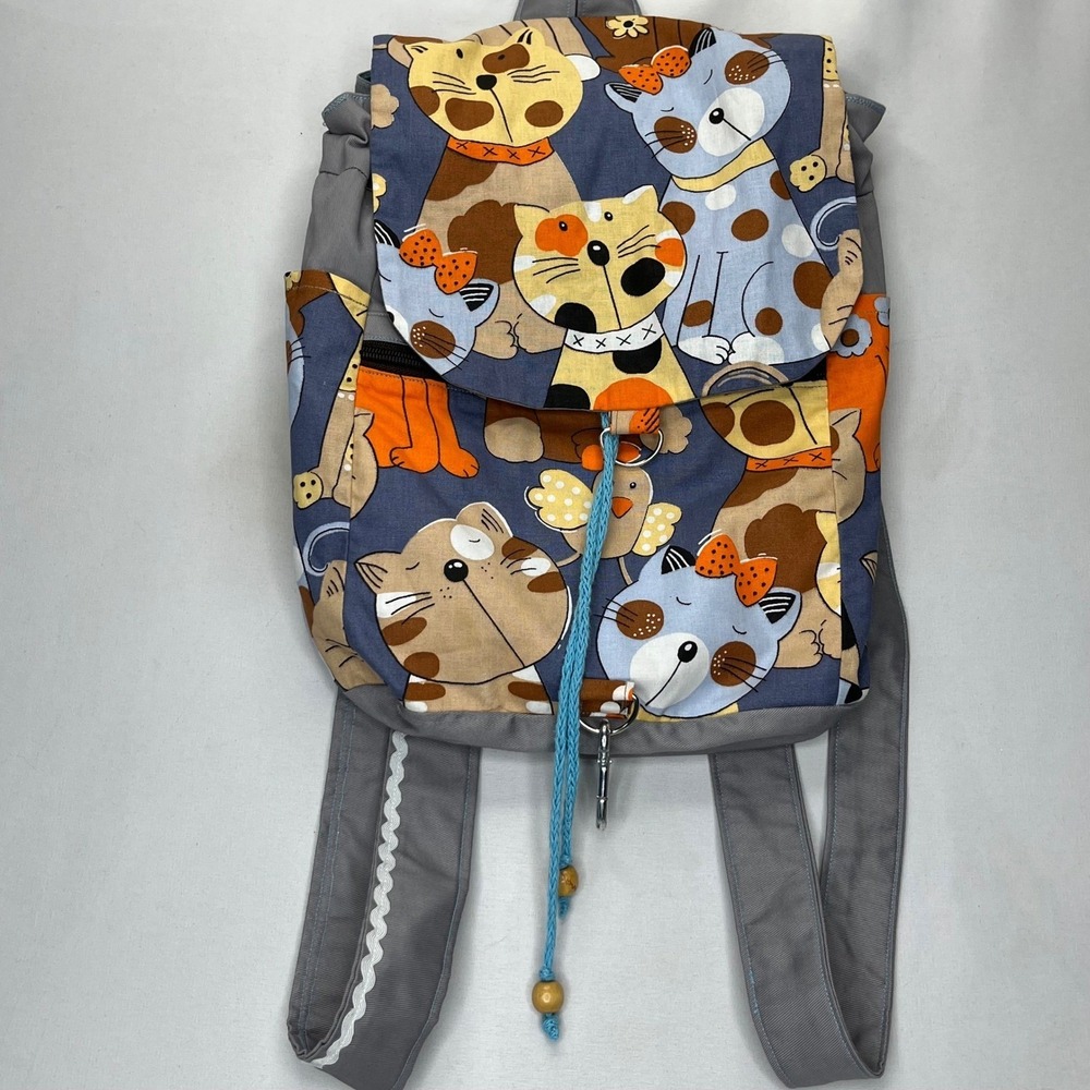Handmade Canvas Backpack Cat Bird Print Gray Multi Color Rucksack Whimsical Bag